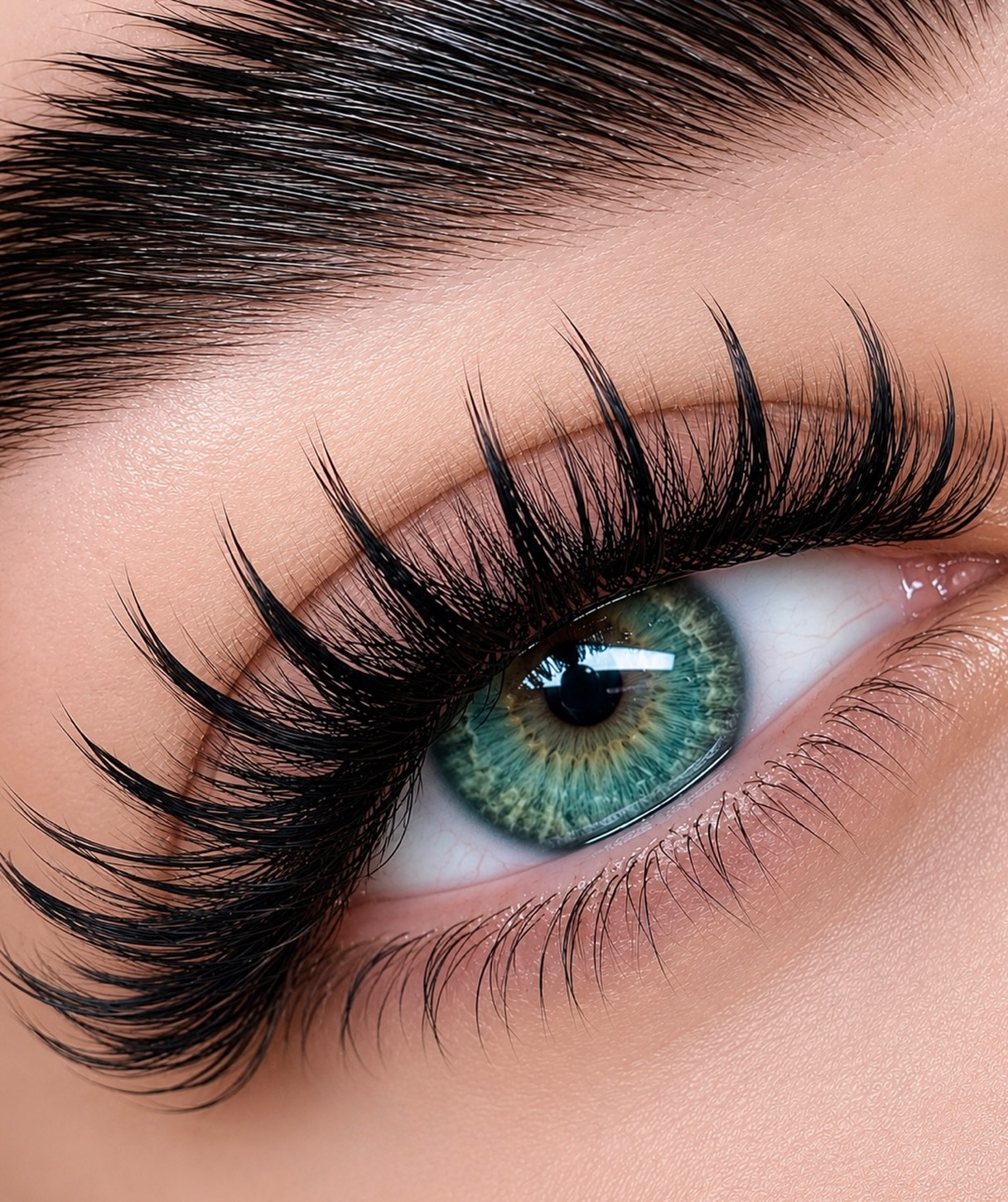 Nahaufnahme eines grünen Auges mit dichter, dramatischer Wimpernverlängerung von Lubi Lashes